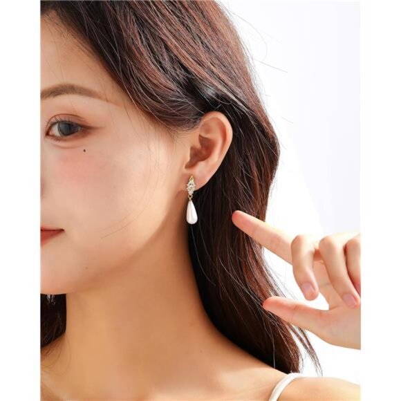 14K Gold-Plated Pearl Drop Earrings – Diamond Zircon Accents, Hypoallergenic - Picture 3 of 5